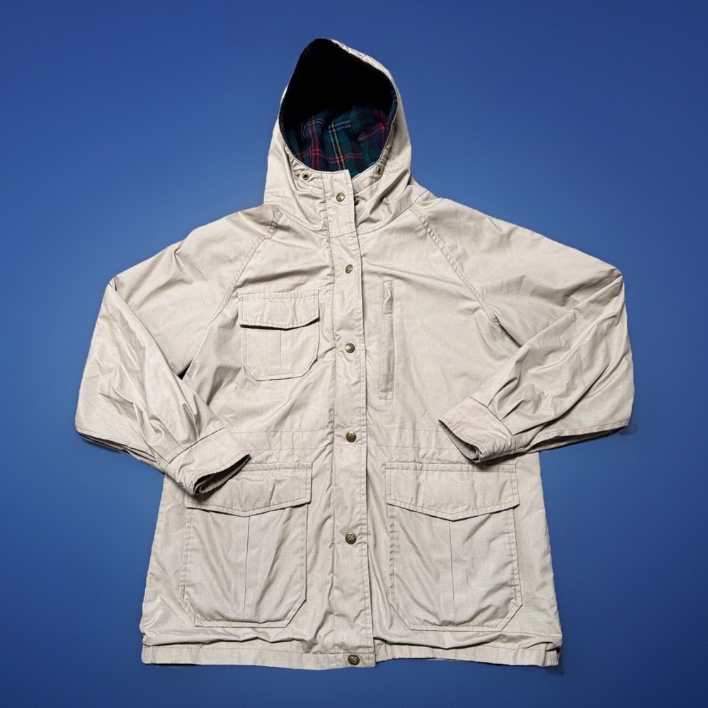 VTG 90s Eddie Bauer Chore Coat Jacket Womens L Beige Wool Flannel Lined Hooded